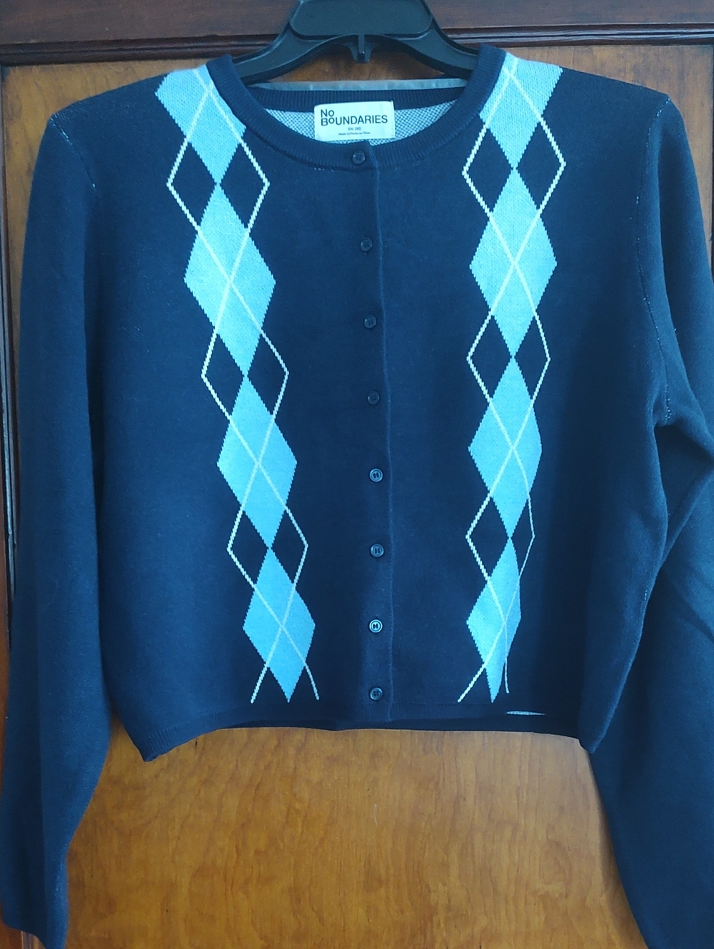No Boundaries Navy Blue Cardigan with Light Blue Argyle Panels